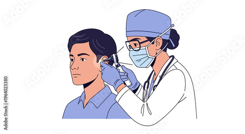 Detailed Vector Illustration of a Doctor Performing an Ear Examination on a Male Patient with an Otoscope, Highlighting Healthcare and Diagnostic Processes