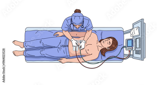 Clear Vector illustration showing a medical professional performing precise ECG lead placement on a patient for effective cardiac monitoring and diagnosis