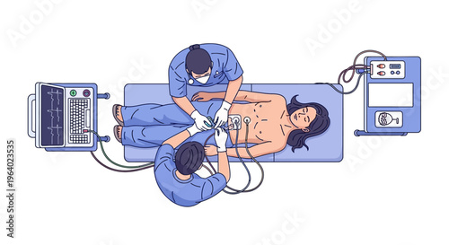 Vector illustration of medical professionals performing ECG lead placement on a patient lying on an examination table, medical monitoring equipment visible