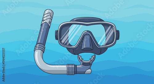 Blue and grey diving mask and snorkel set displayed against a wavy blue underwater background for snorkeling adventures.