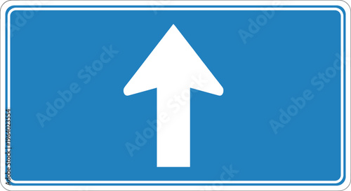 Blue and white informational road sign with a straight arrow pointing up to indicate direction and forward movement.