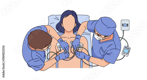 Vector illustration of medical staff performing ECG lead placement on a patient for electrocardiogram monitoring, vital for cardiac diagnosis and emergency intervention
