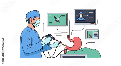 Vector illustration Medical surgeon performs endoscopic procedure with tube insertion, using advanced diagnostic technology for internal organ examination and patient health