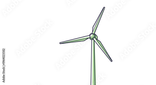 Tall green wind turbine stands against a white background representing renewable energy and sustainable power generation for a cleaner planet.