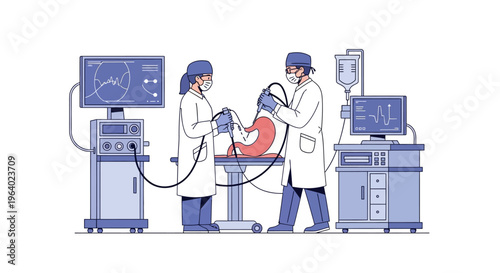 Professional Vector graphic of a medical team performing an advanced endoscopic examination, illustrating modern diagnostic procedures, internal health, and healthcare technology