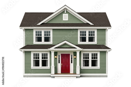 Modern two-story suburban house with green siding and red front door, contemporary family home architecture, residential real estate property isolated PNG with Transparent Background