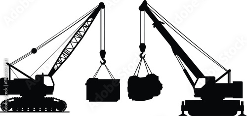 Construction cranes tandem lifting silhouettes