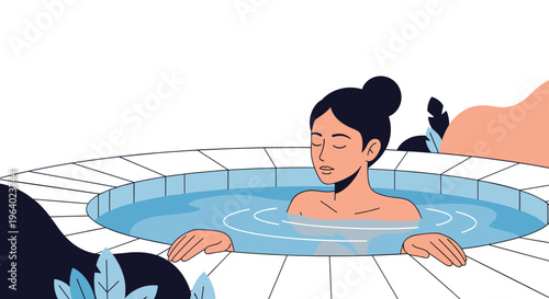 Calm woman enjoys a peaceful moment while soaking in a round hot tub or swimming pool surrounded by minimal plant leaves for ultimate relaxation.