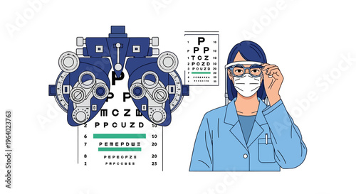 Vector Illustration of an Eye Exam with a Patient and Ophthalmologist Using a Phoropter and Eye Chart