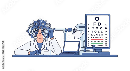 Vector Illustration of an Optometrist Performing an Eye Exam with Advanced Diagnostic Equipment and Chart