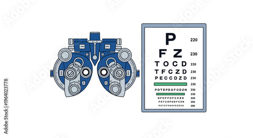 Clean Vector graphic illustrating an eye examination setup with a professional phoropter and a Snellen eye chart, symbolizing vision testing and optometry