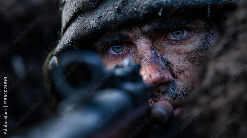 Obraz premium Close-up of a soldier aiming a rifle with intense focus, face covered in dirt and wearing tactical gear. 