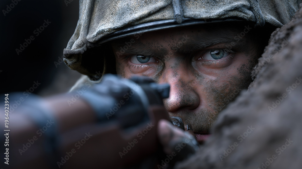 Obraz premium Close-up of a soldier aiming a rifle with intense focus, face covered in dirt and wearing tactical gear. 