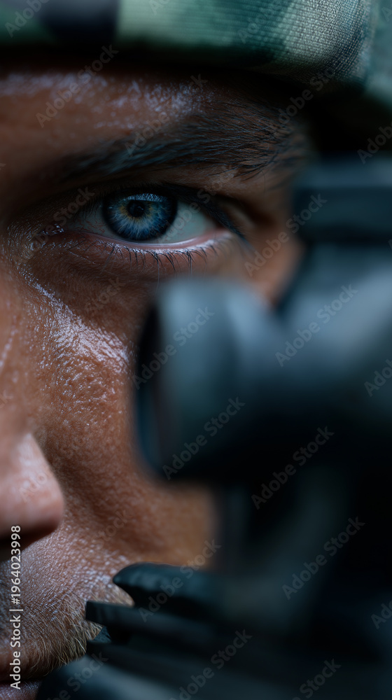 Obraz premium Close-up of a soldier aiming a rifle with intense focus, face covered in dirt and wearing tactical gear. 