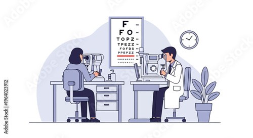 Vector illustration Eye exam in clinic. Optometrist tests patient vision with Snellen chart and equipment, ensuring optical health, professional medical care, and clear sight for visual wellness
