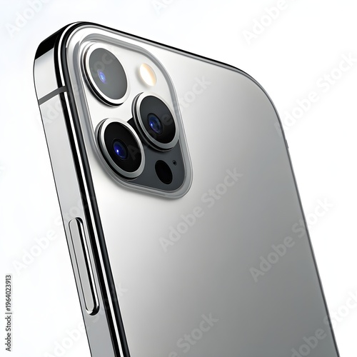 Close-up of modern smartphone rear camera system, metallic silver finish, multiple lenses on a sleek device, technology and innovation concept, high tech