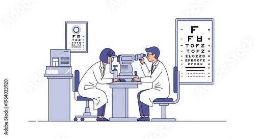 Vector illustration of an eye examination, with an optometrist testing a patient's vision using a Snellen chart and optical equipment for health check