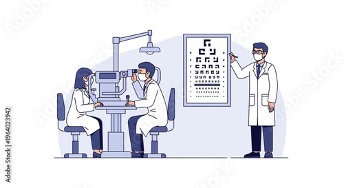 Vector illustration of an eye examination. Optometrist testing patient with phoropter and Snellen chart for comprehensive vision care and optical health assessment during a medical check-up