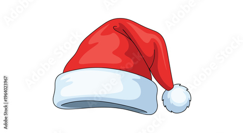 Classic red and white Santa Claus hat with a fluffy white trim and a pom-pom on the end representing Christmas holiday traditions and cheer.