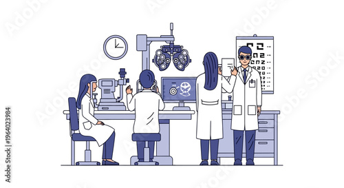 Eye Examination Vector Illustration Ophthalmologist and Optometrist Team Performing Vision Test with Medical Equipment and Chart