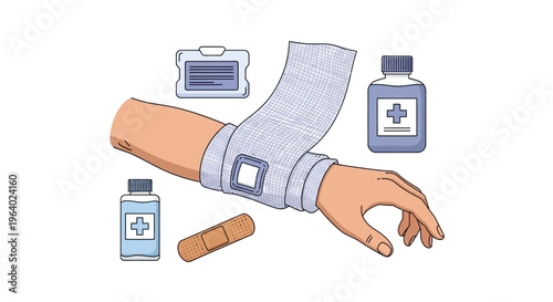 Vector illustration depicting a bandaged arm alongside various medical supplies and first aid items, symbolizing healthcare, treatment, and recovery process