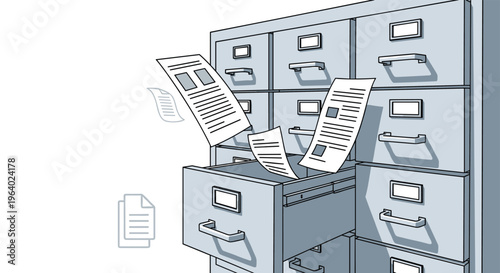 Large metal filing cabinet with an open drawer and several documents flying out symbolizing disorganized data or a busy office environment.