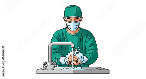 Vector Illustration of a Surgeon in Scrubs and Mask Washing Hands Thoroughly Under a Faucet, Emphasizing Hygiene and Medical Cleanliness, Conceptual Healthcare Art