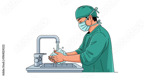 Vector illustration of a medical professional thoroughly washing hands at a sink, demonstrating essential hygiene and rigorous scrubbing for infection prevention