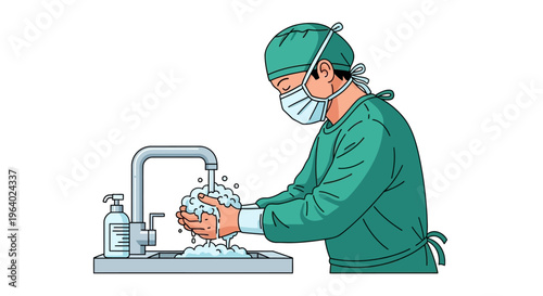 A Vector Illustration of a Surgeon in Scrubs and Mask Thoroughly Washing Hands with Soap and Water Under a Faucet, Emphasizing Hygiene