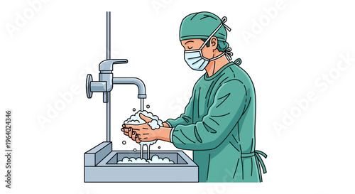 Vector illustration of a medical professional meticulously scrubbing hands at a specialized hygiene station, critical for sterile practices and infection control