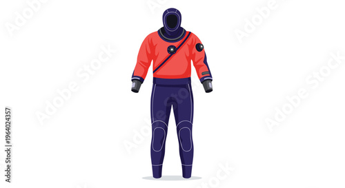Professional red and black drysuit designed for deep sea diving and cold water protection shown from the front on a white background.