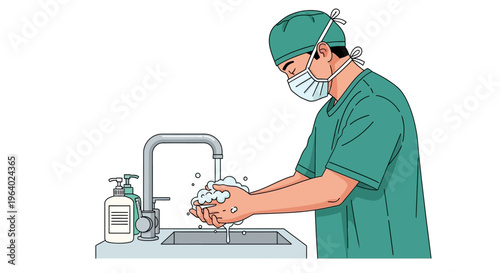 Medical professional performing hand scrubbing hygiene in a vector illustration, emphasizing sterile technique and infection control in a healthcare setting