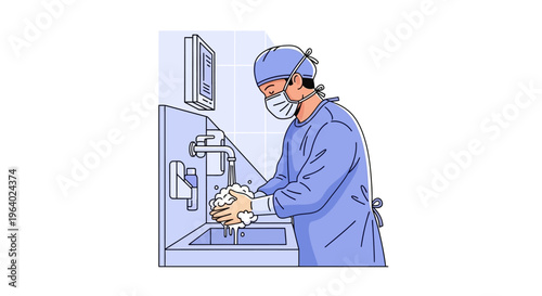 Vector graphic showcasing a medical professional meticulously scrubbing hands at a dedicated hygiene station, highlighting crucial sterile preparation in healthcare environments