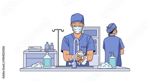 Vector illustration depicting a dedicated medical professional meticulously performing thorough hand scrubbing at a specialized sterile station, essential for hygiene and infection control