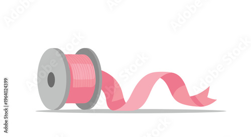 Spool of pink satin ribbon partially unrolled to show its decorative use for gift wrapping floral arrangements and craft projects at home.