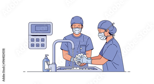 Two medical professionals wearing scrubs and masks meticulously washing their hands at a sink, vector illustration for hygiene and healthcare