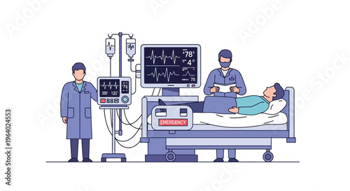 Vector illustration of medical professionals providing critical care, closely monitoring a patient's heart rate with advanced hospital equipment