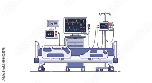 Vector Illustration of a Hospital Bed with Medical Equipment, including a Ventilator and Heart Rate Monitor, symbolizing Healthcare and Critical Care Technology