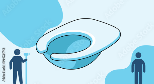 Blue toilet seat cover illustration with two male silhouettes and stylized clouds used for bathroom signage or facility maintenance topics.