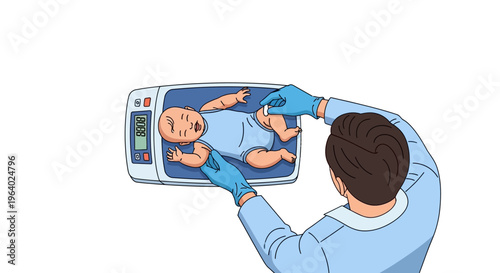 Detailed Vector Art Healthcare Professional Weighing a Newborn Baby on an Infant Scale, Monitoring Development and Health Parameters with Precision