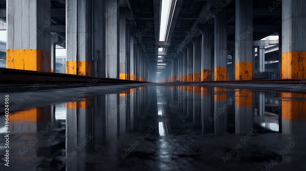 Obraz premium An empty industrial parking garage with concrete pillars reflected in water on the floor, featuring orange safety markings and dim lighting.