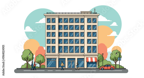 Modern five-story apartment building with a ground floor shop street scene and trees set against a colorful abstract geometric sky background.