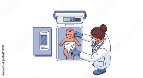 Infant Scale Weighing Vector Illustration A Healthcare Professional Measures a Newborn Baby's Weight with Precision