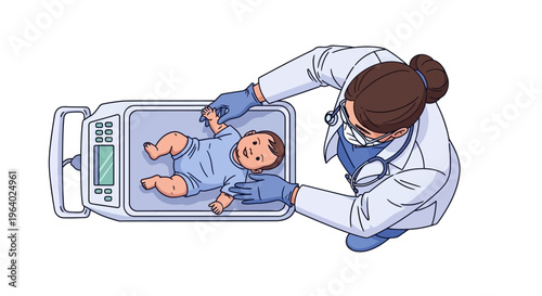 Illustration Vector Of A Doctor Weighing A Baby On A Medical Scale For Pediatric Checkups And Health Monitoring