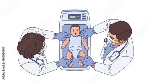 Vector Illustration of Pediatricians Weighing a Baby on a Digital Infant Scale, Medical Healthcare Concept
