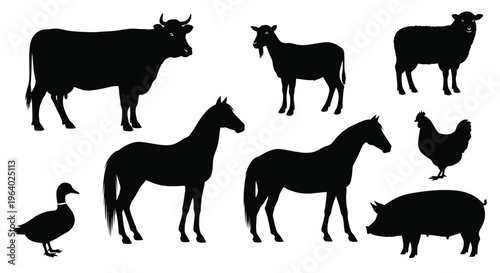 Collection of various domestic farm animal silhouettes displayed together for agricultural design purposes