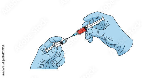 Medical professionals hands wearing blue gloves preparing an intramuscular injection using a syringe filled with red liquid and needle, medical procedure vector illustration