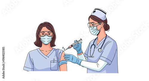 Doctor administering intramuscular injection with vaccine in the arm of a patient wearing protective gear, vector illustration for medical concept