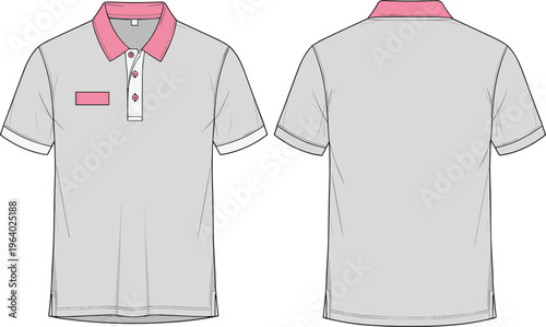 Technical fashion flat of a men's short sleeve polo shirt featuring pink collar and gray body with front and back views for corporate uniform design tech pack on white background.