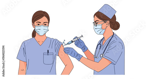 Vaccination concept vector illustration of a healthcare worker administering an injection into a patient's arm, symbolizing protection and immunity